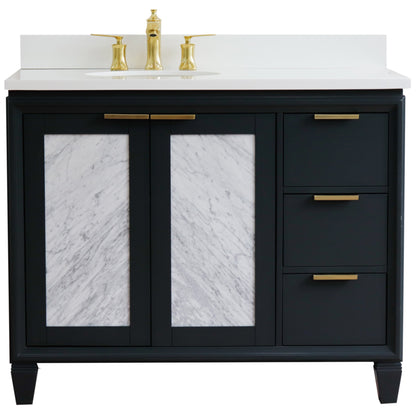 43" Single vanity in Dark Gray finish with White engineered stone and oval sink Left door/Left sink