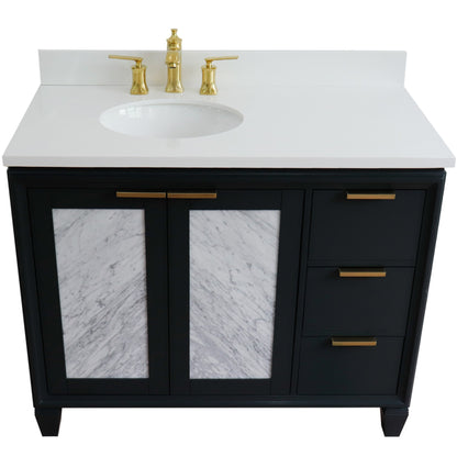 43" Single vanity in Dark Gray finish with White engineered stone and oval sink Left door/Left sink