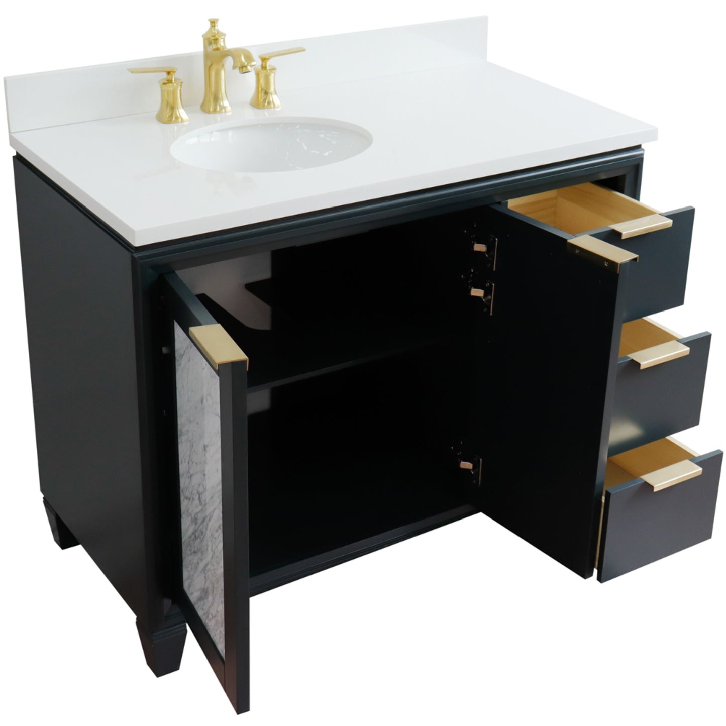 43" Single vanity in Dark Gray finish with White engineered stone and oval sink Left door/Left sink