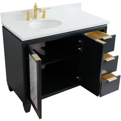 43" Single vanity in Dark Gray finish with White engineered stone and oval sink Left door/Left sink