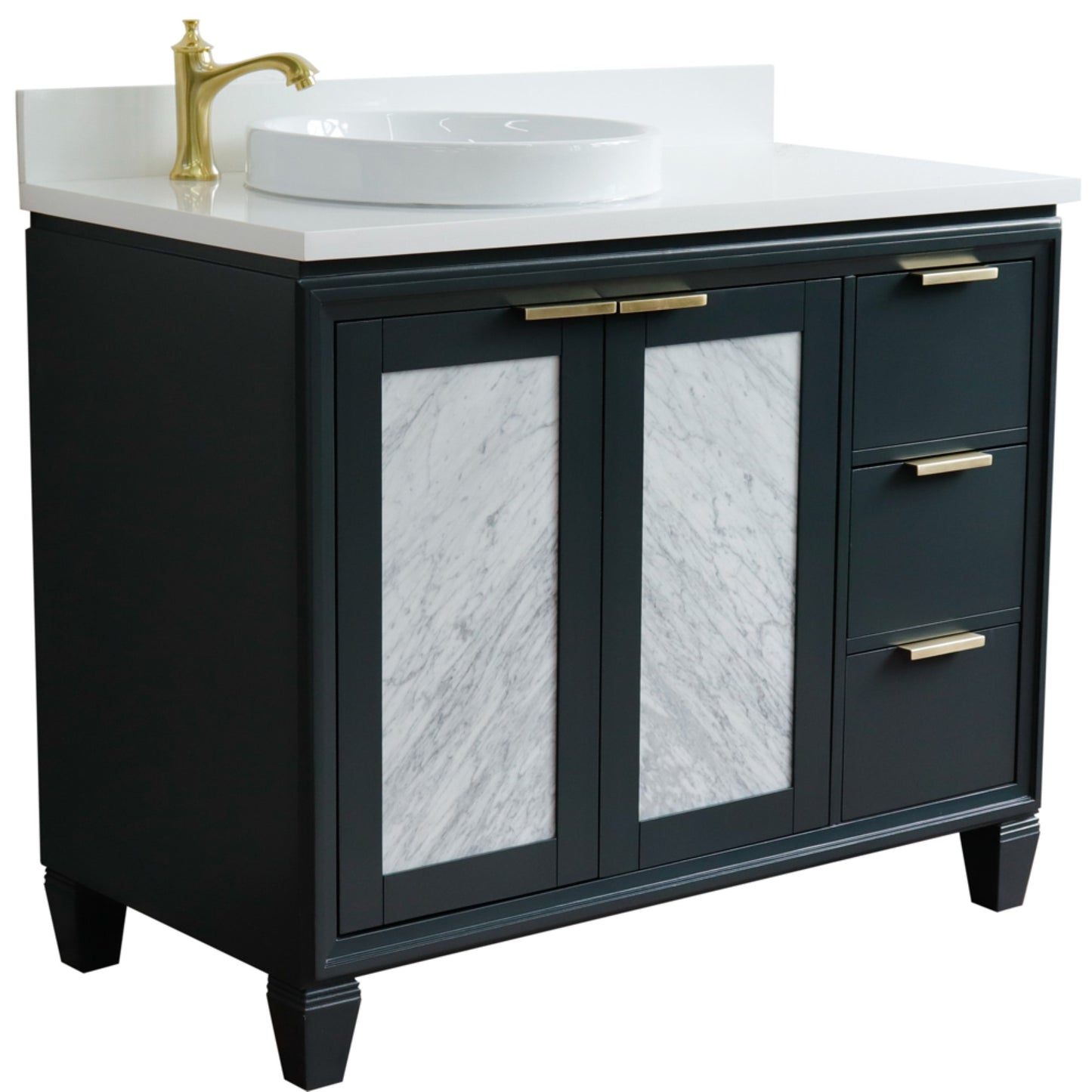43" Single vanity in Dark Gray finish with White engineered stone and round sink Left door/Left sink