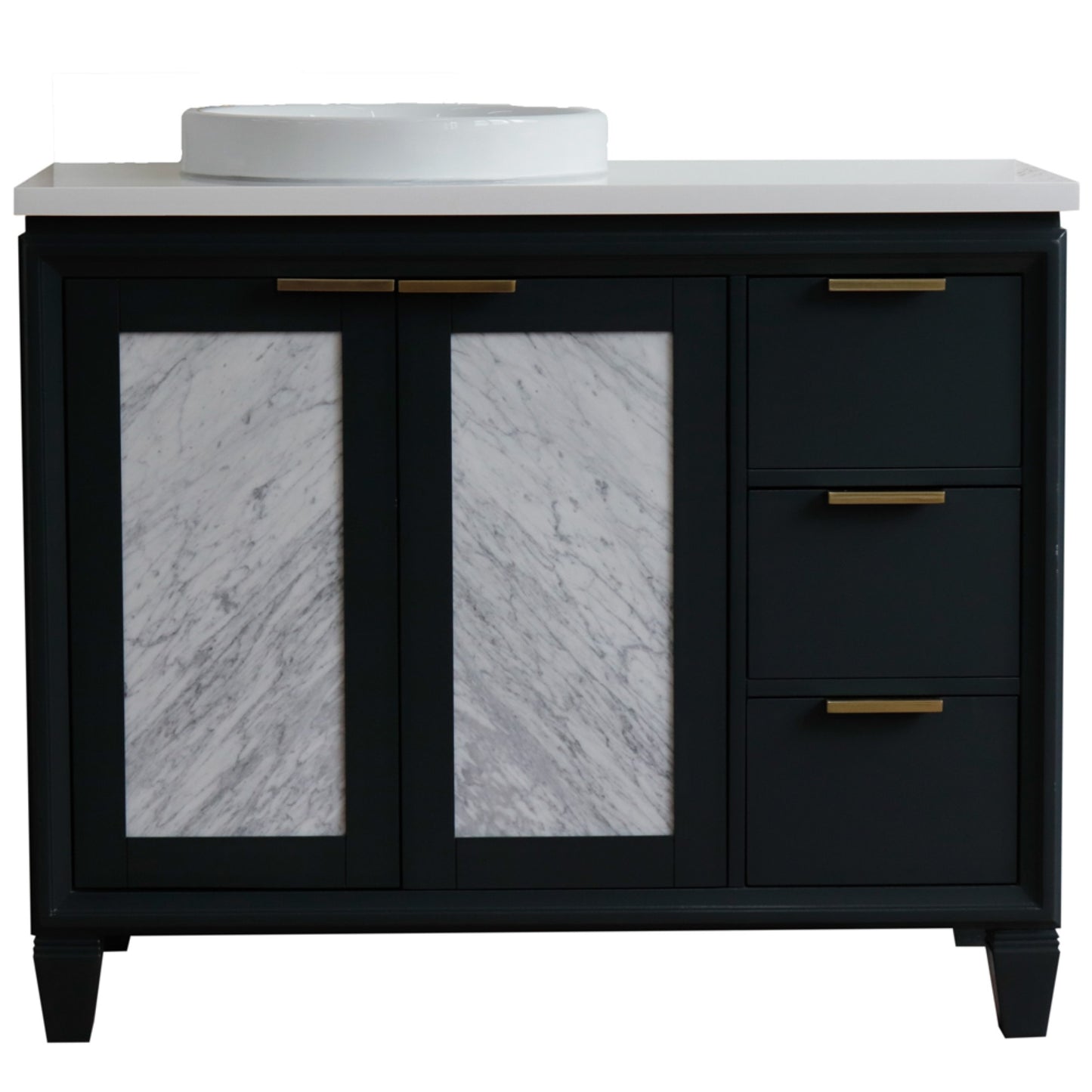 43" Single vanity in Dark Gray finish with White engineered stone and round sink Left door/Left sink
