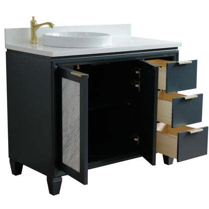 43" Single vanity in Dark Gray finish with White engineered stone and round sink Left door/Left sink