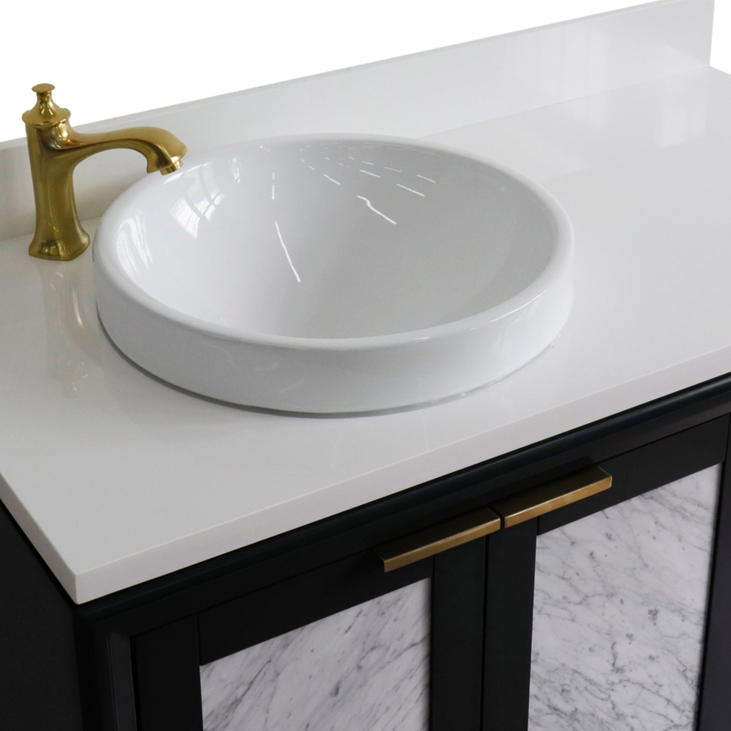 43" Single vanity in Dark Gray finish with White engineered stone and round sink Left door/Left sink