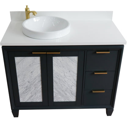 43" Single vanity in Dark Gray finish with White engineered stone and round sink Left door/Left sink