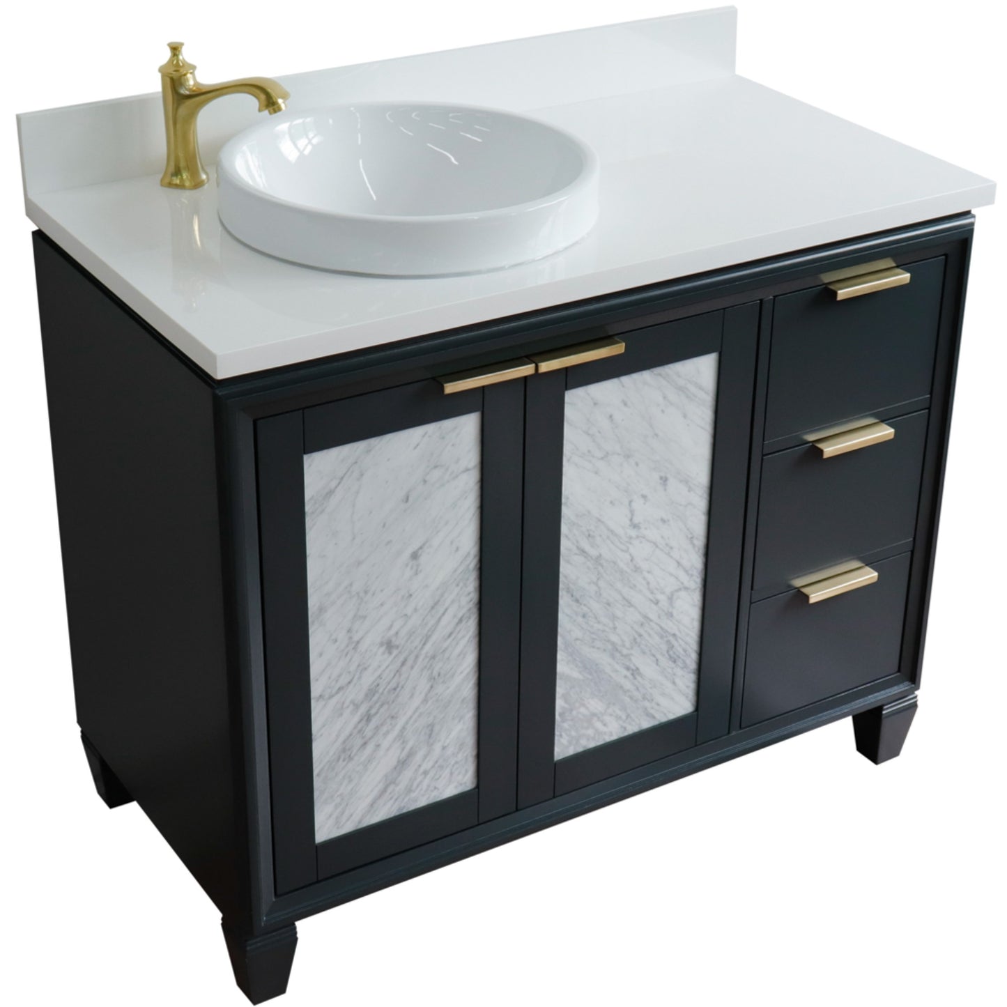 43" Single vanity in Dark Gray finish with White engineered stone and round sink Left door/Left sink