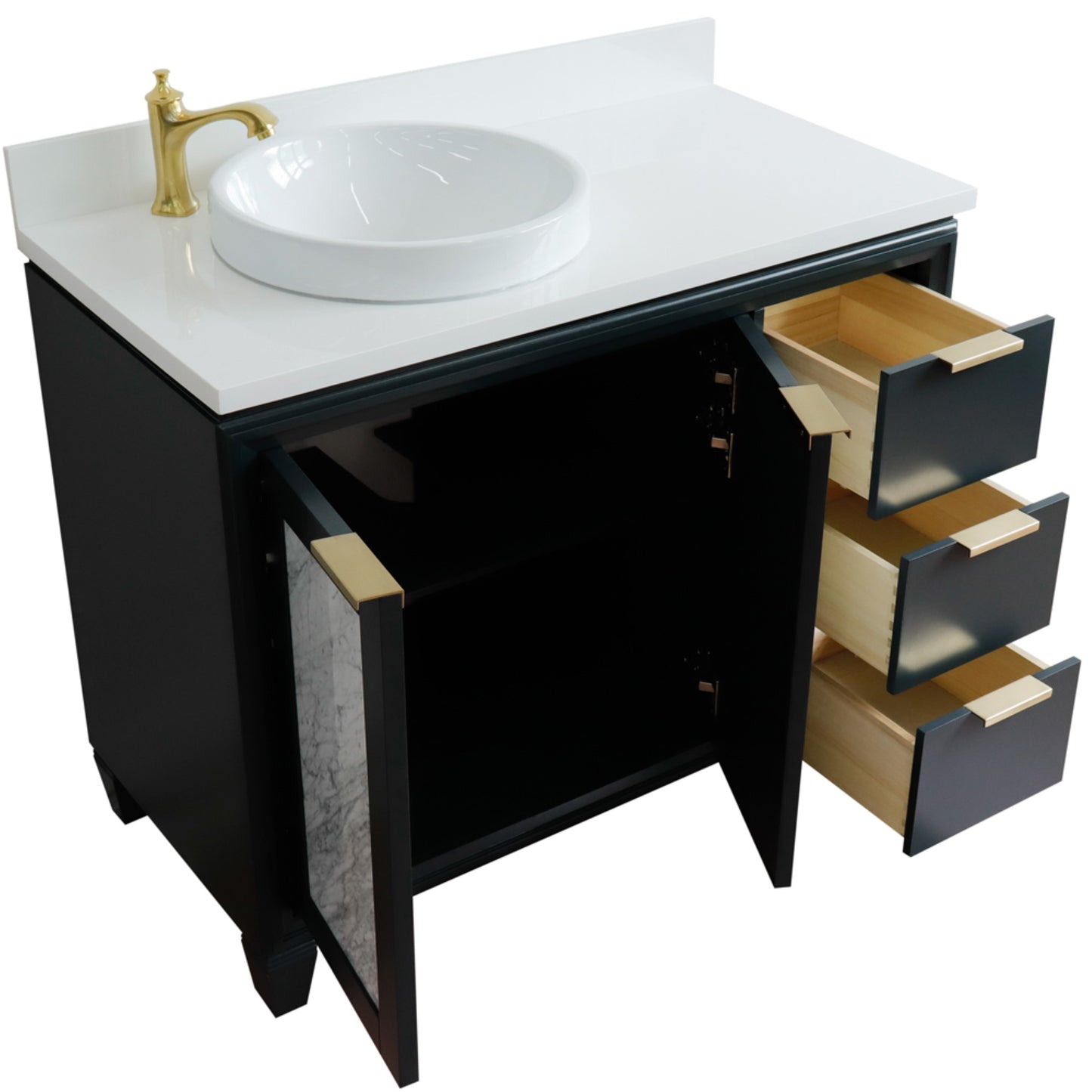 43" Single vanity in Dark Gray finish with White engineered stone and round sink Left door/Left sink