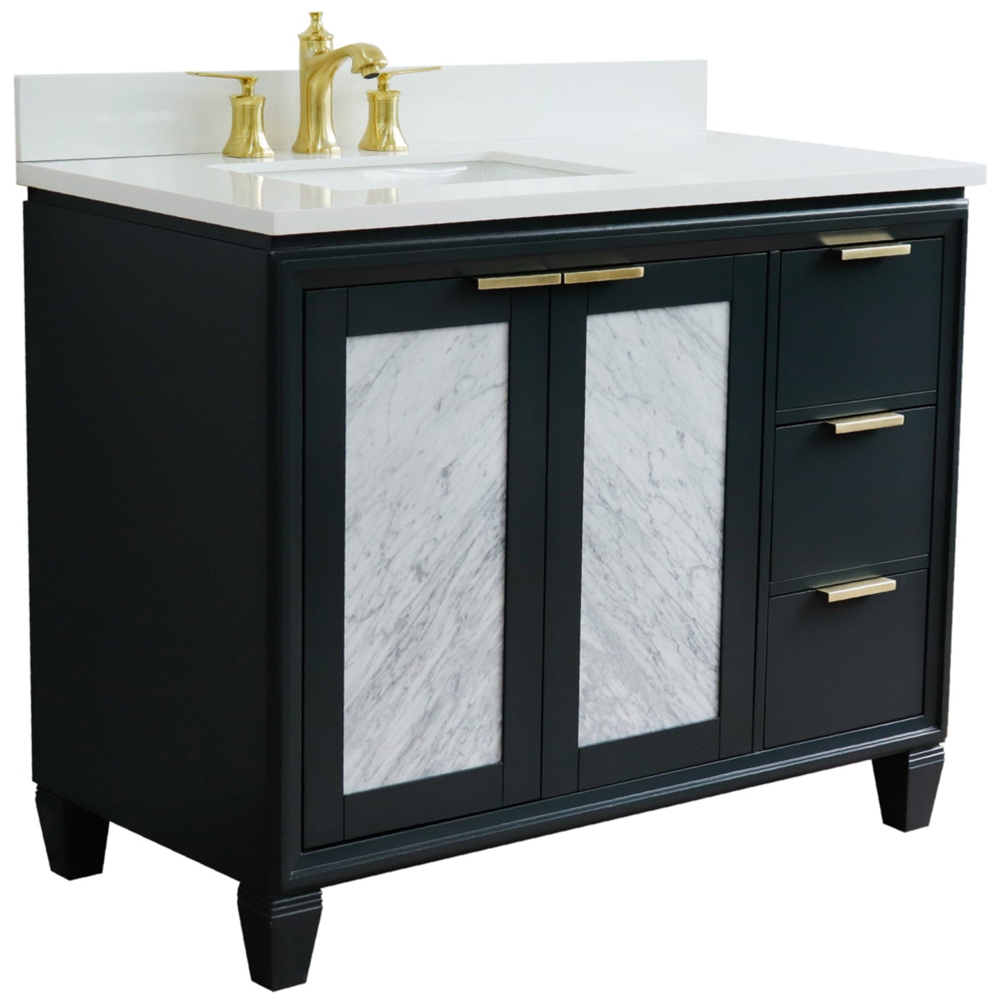 43" Single vanity in Dark Gray finish with White engineered stone and rectangle sink Left door/Left sink