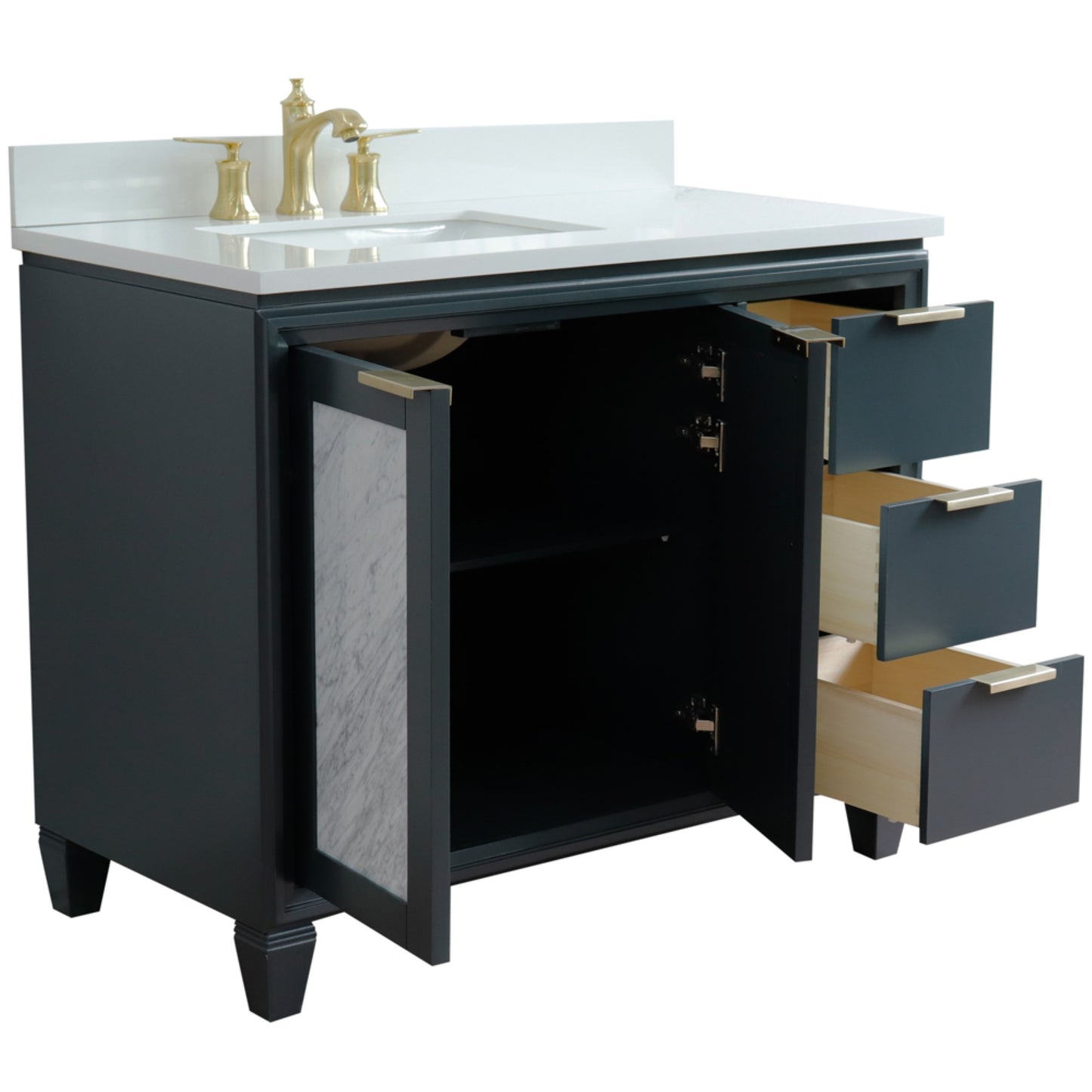 43" Single vanity in Dark Gray finish with White engineered stone and rectangle sink Left door/Left sink
