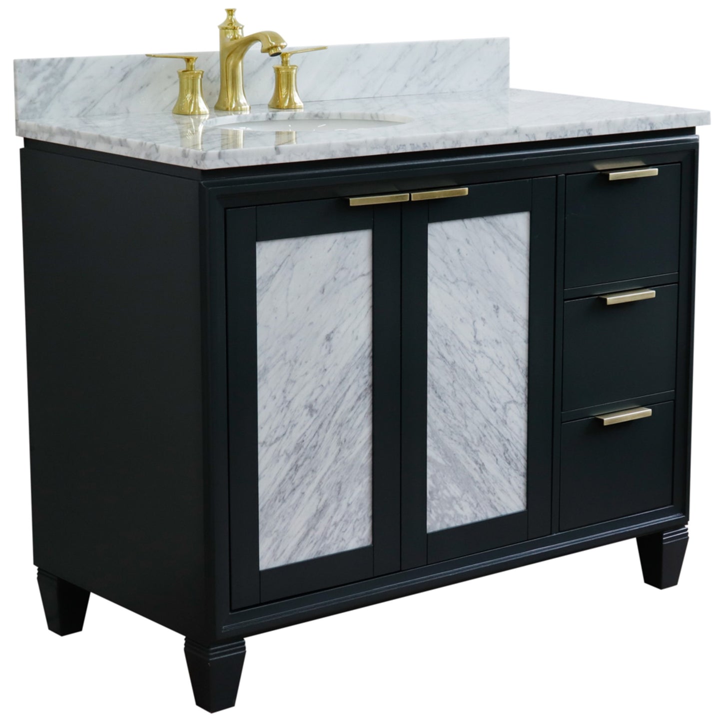 43" Single vanity in Dark Gray finish with White Carrara and oval sink Left door/Left sink
