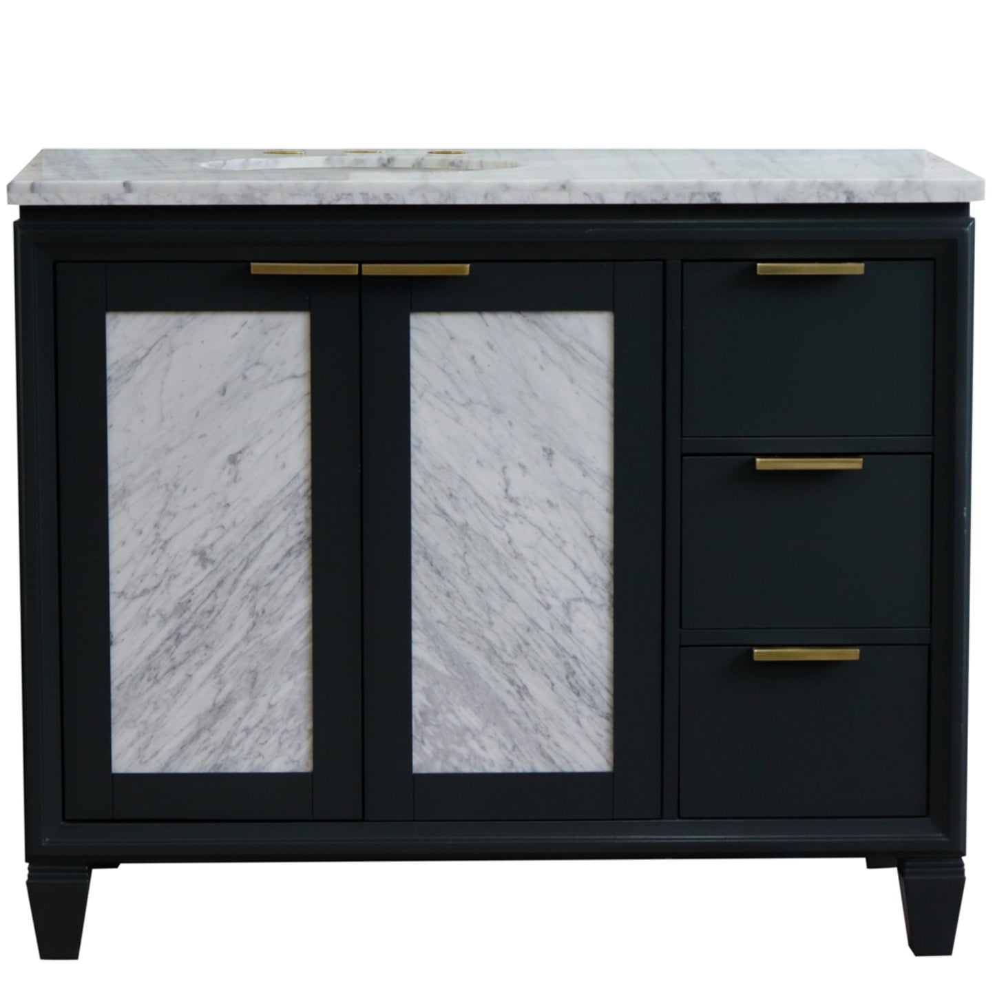 43" Single vanity in Dark Gray finish with White Carrara and oval sink Left door/Left sink