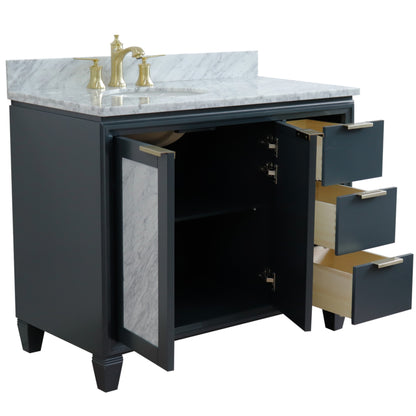 43" Single vanity in Dark Gray finish with White Carrara and oval sink Left door/Left sink