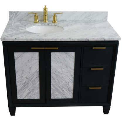 43" Single vanity in Dark Gray finish with White Carrara and oval sink Left door/Left sink