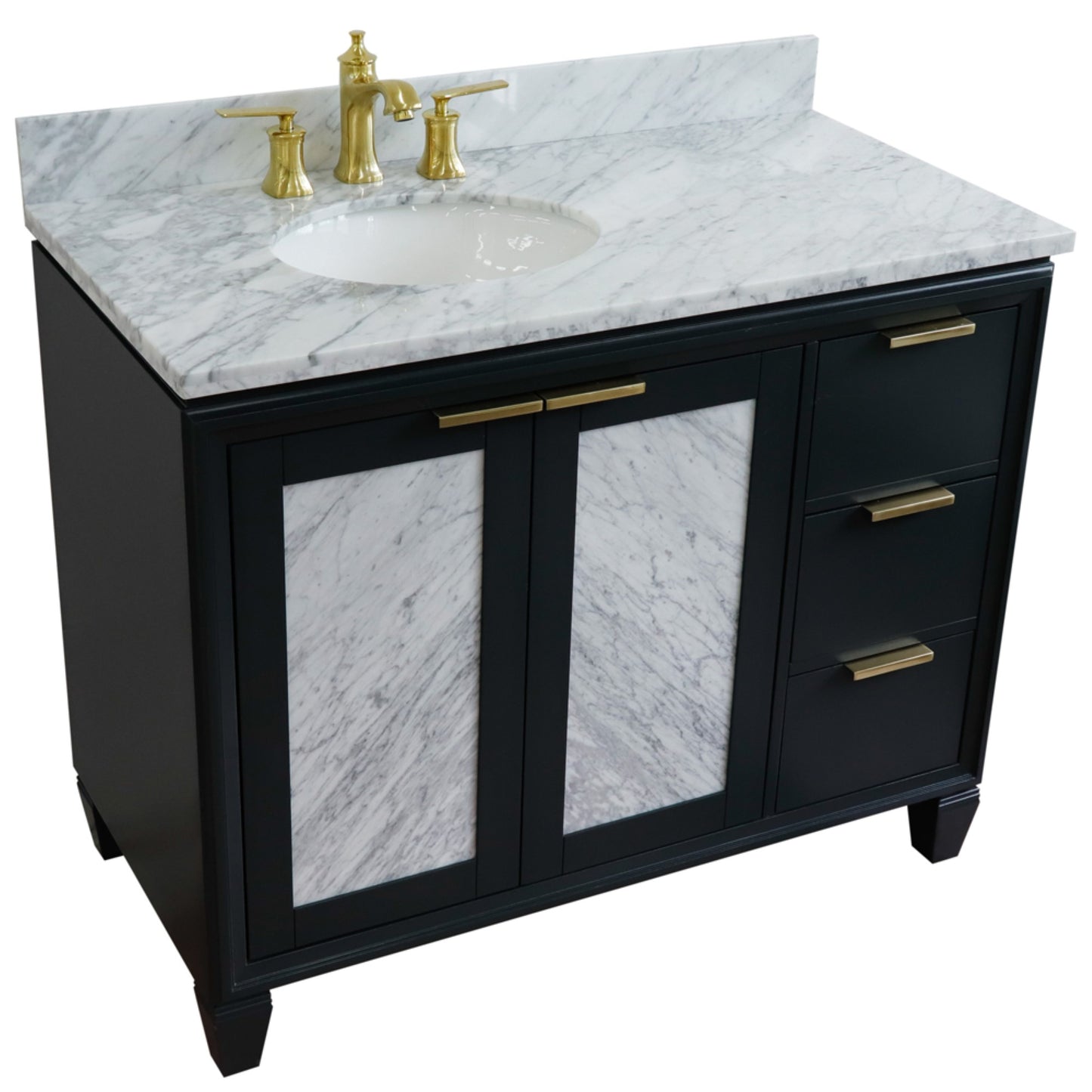 43" Single vanity in Dark Gray finish with White Carrara and oval sink Left door/Left sink