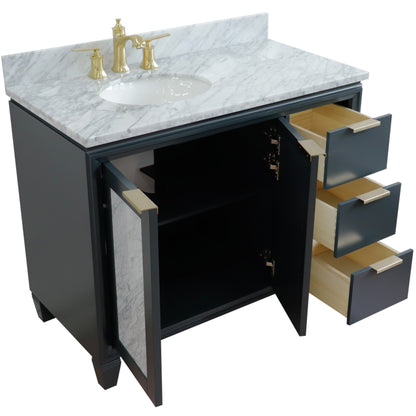 43" Single vanity in Dark Gray finish with White Carrara and oval sink Left door/Left sink