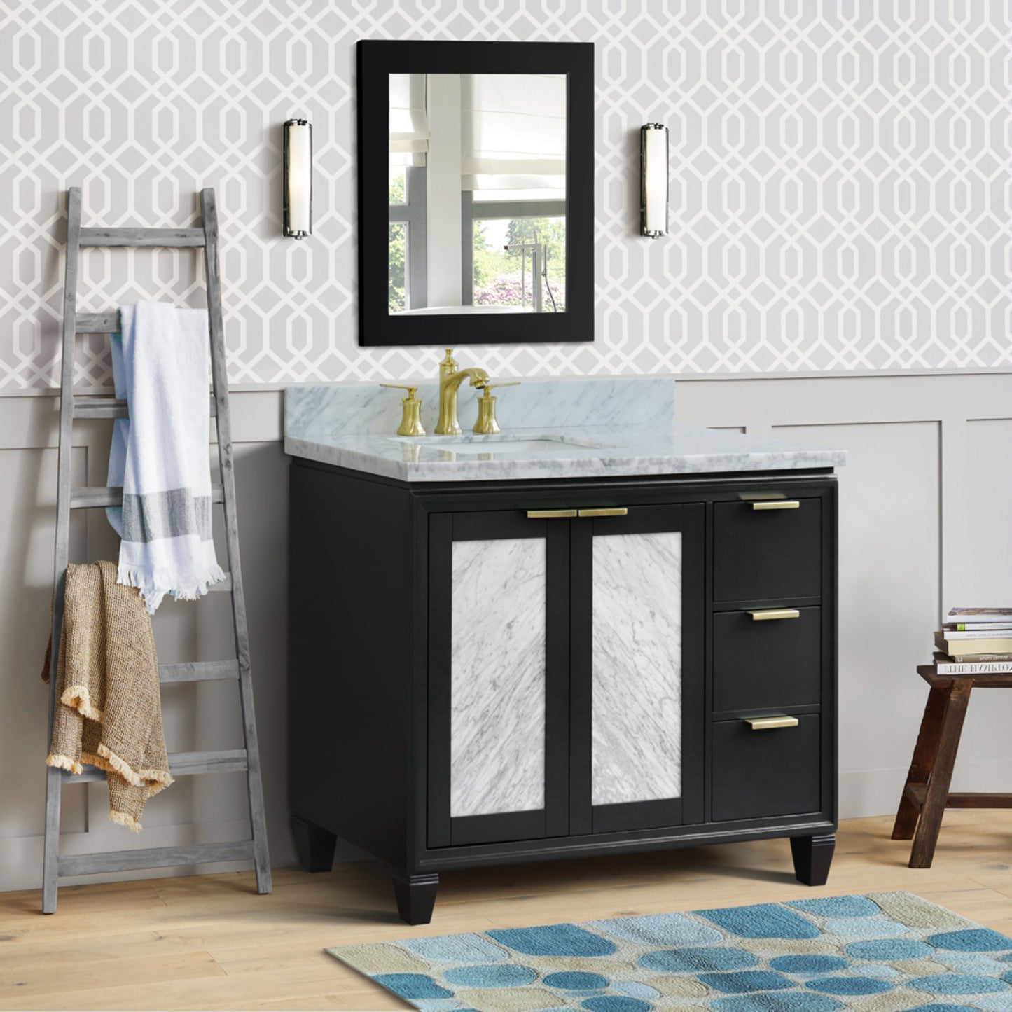 43" Single vanity in Dark Gray finish with White Carrara and rectangle sink Left door/Left sink