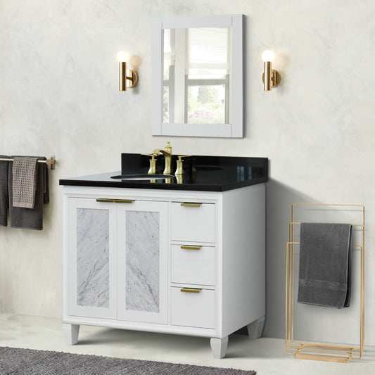43" Single vanity in White finish with Black galaxy and oval sink Left door/Left sink