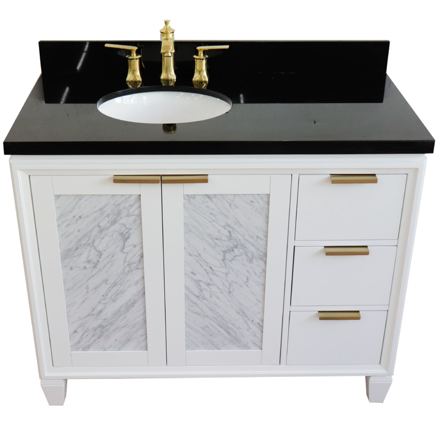 43" Single vanity in White finish with Black galaxy and oval sink Left door/Left sink