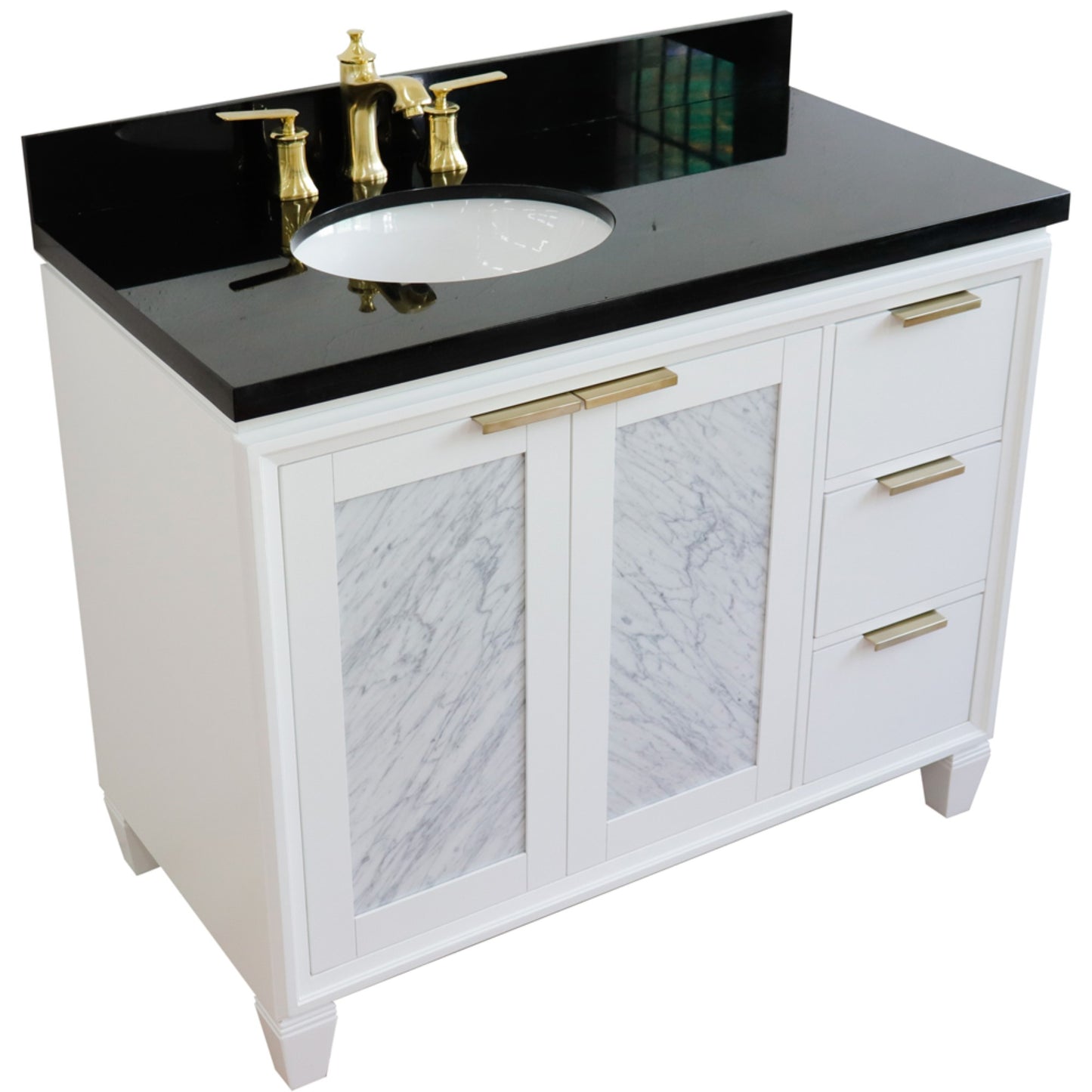 43" Single vanity in White finish with Black galaxy and oval sink Left door/Left sink