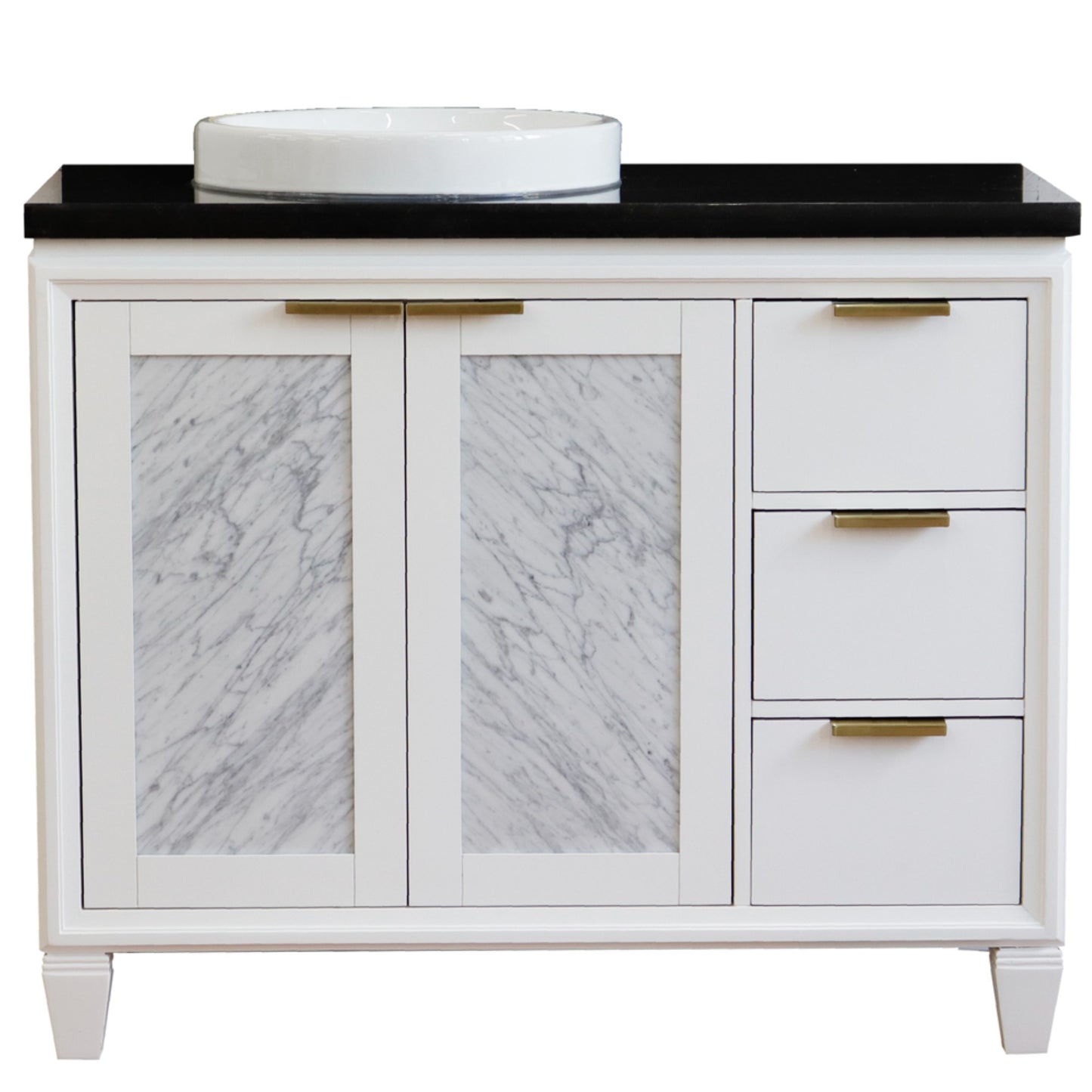43" Single vanity in White finish with Black galaxy and round sink Left door/Left sink