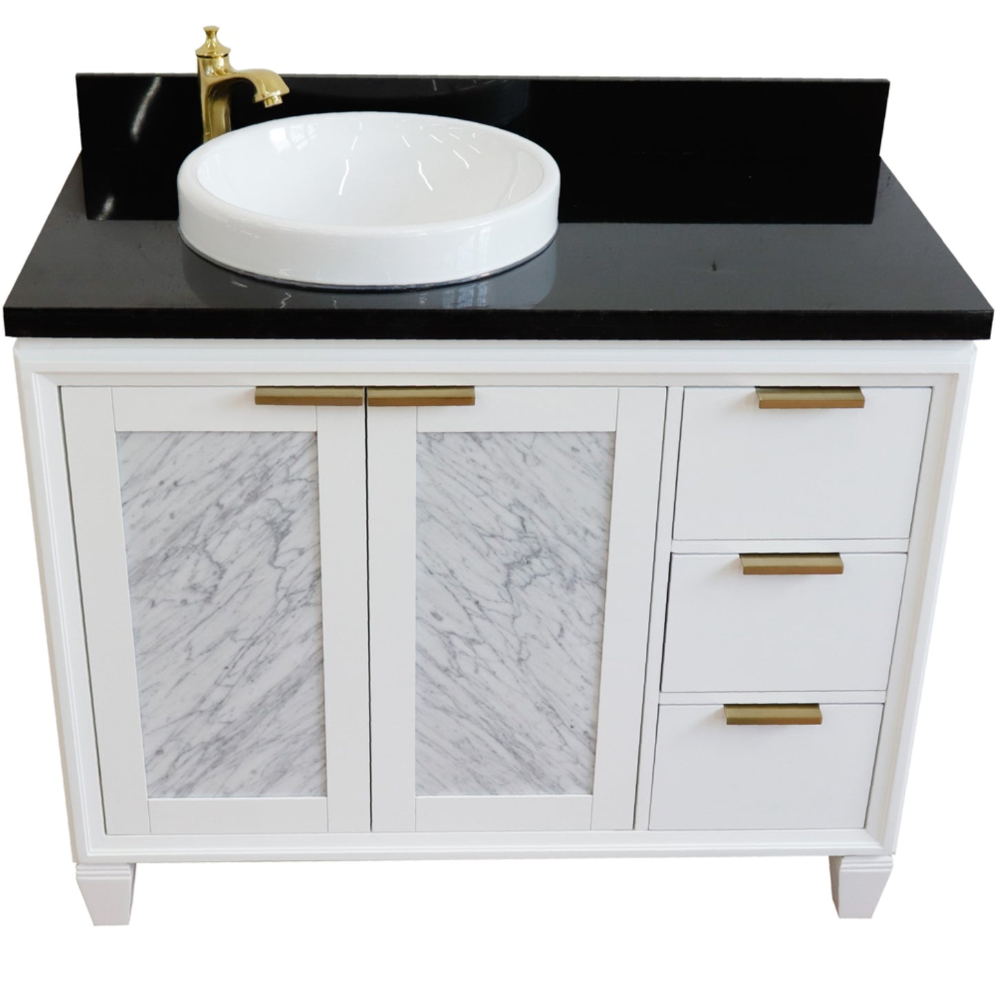 43" Single vanity in White finish with Black galaxy and round sink Left door/Left sink