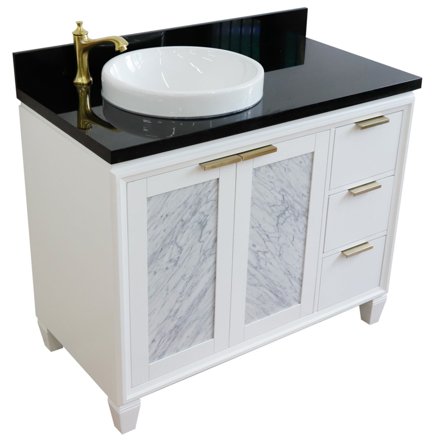 43" Single vanity in White finish with Black galaxy and round sink Left door/Left sink