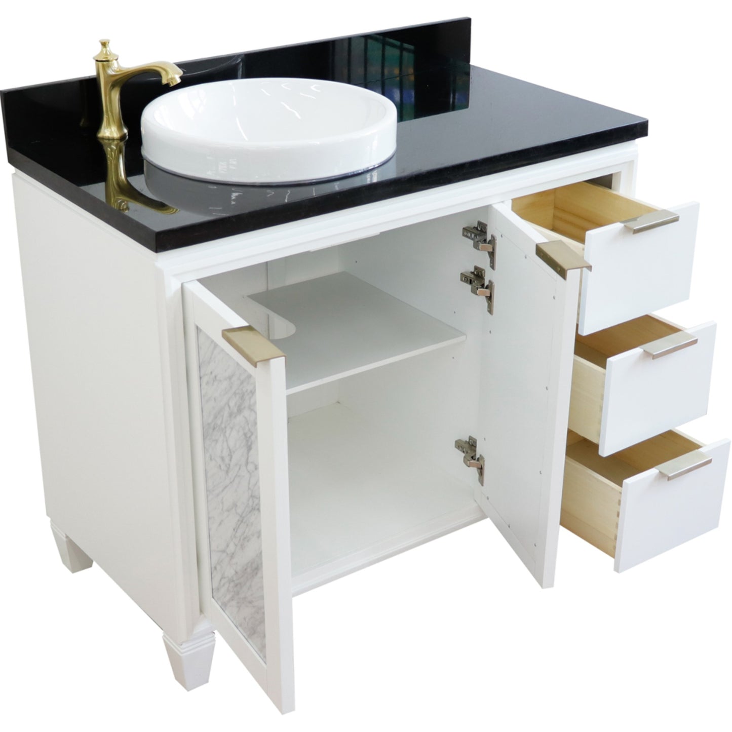 43" Single vanity in White finish with Black galaxy and round sink Left door/Left sink