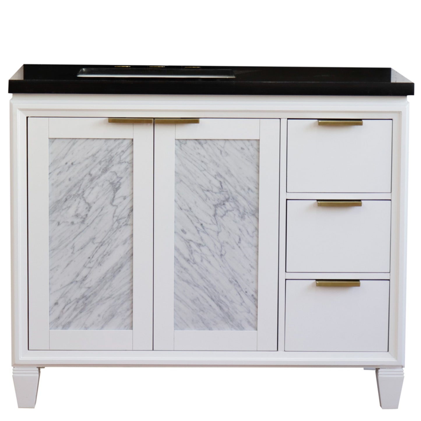 43" Single vanity in White finish with Black galaxy and rectangle sink Left door/Left sink