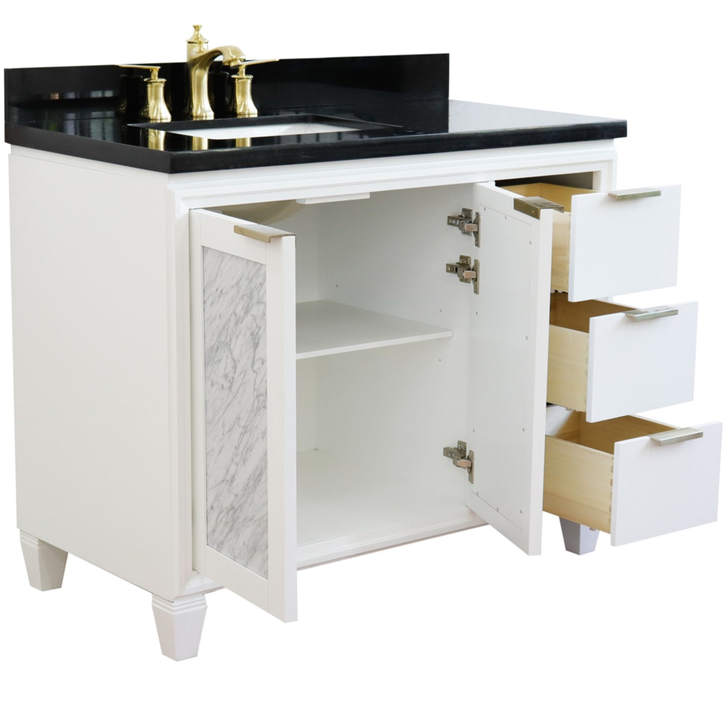 43" Single vanity in White finish with Black galaxy and rectangle sink Left door/Left sink