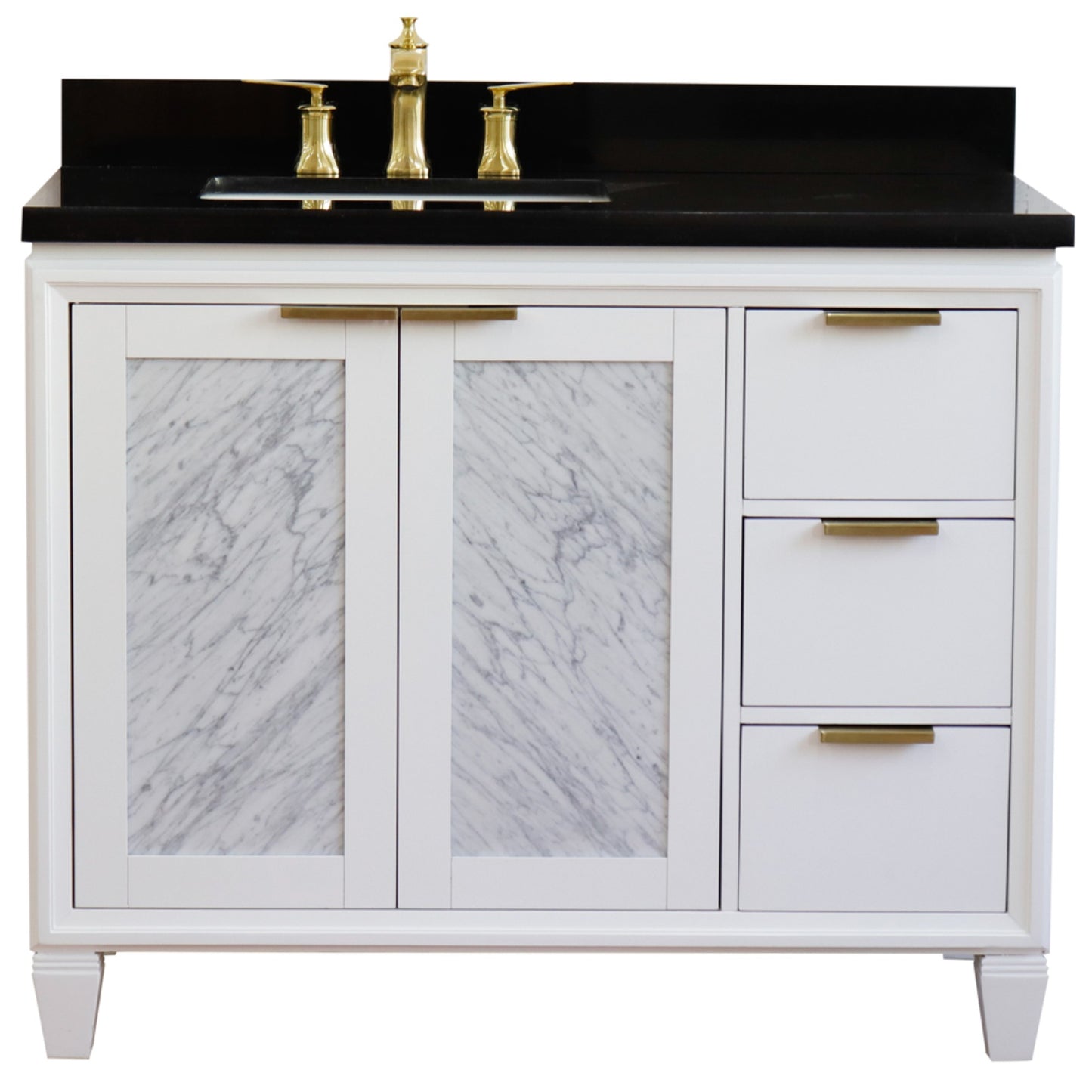43" Single vanity in White finish with Black galaxy and rectangle sink Left door/Left sink