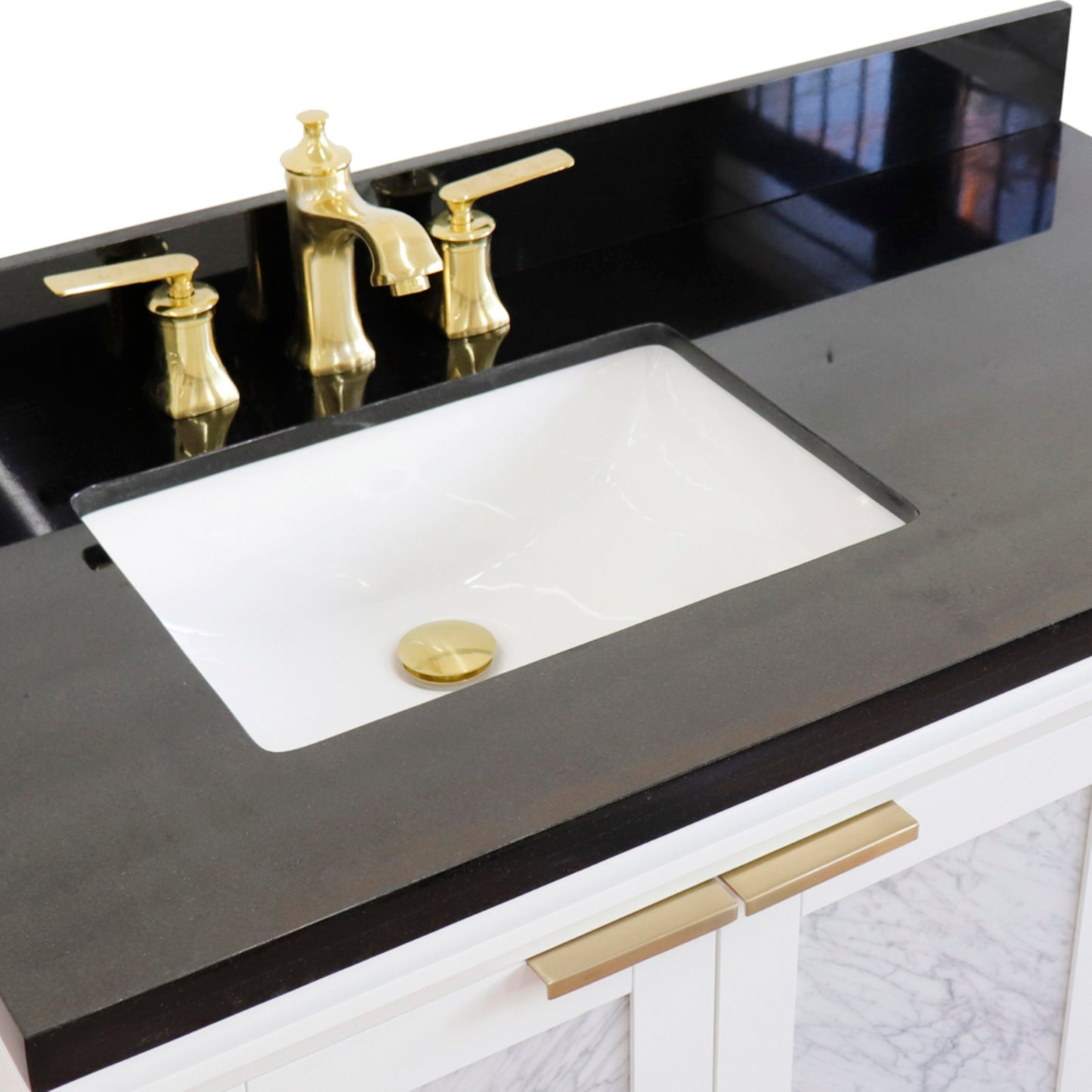 43" Single vanity in White finish with Black galaxy and rectangle sink Left door/Left sink