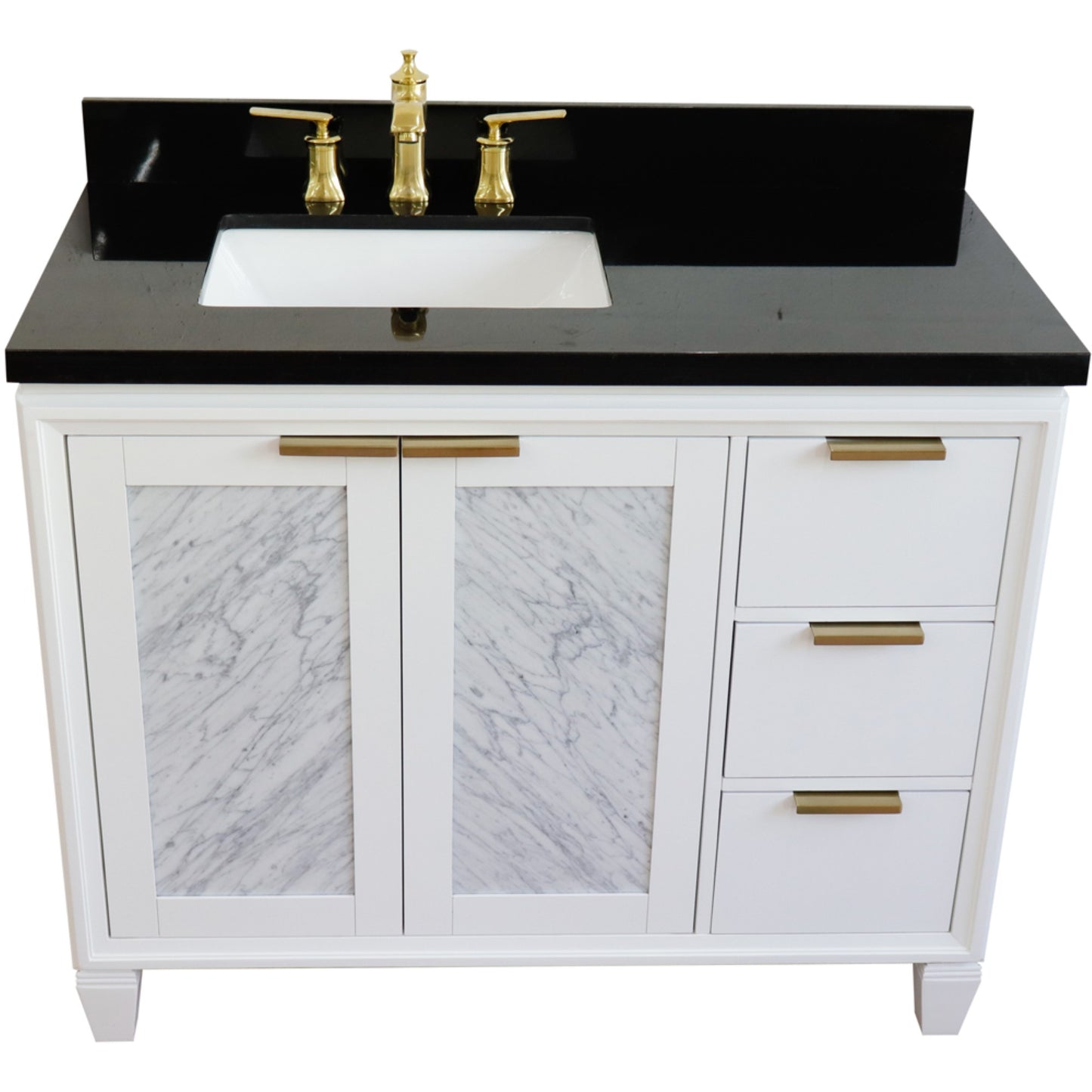 43" Single vanity in White finish with Black galaxy and rectangle sink Left door/Left sink
