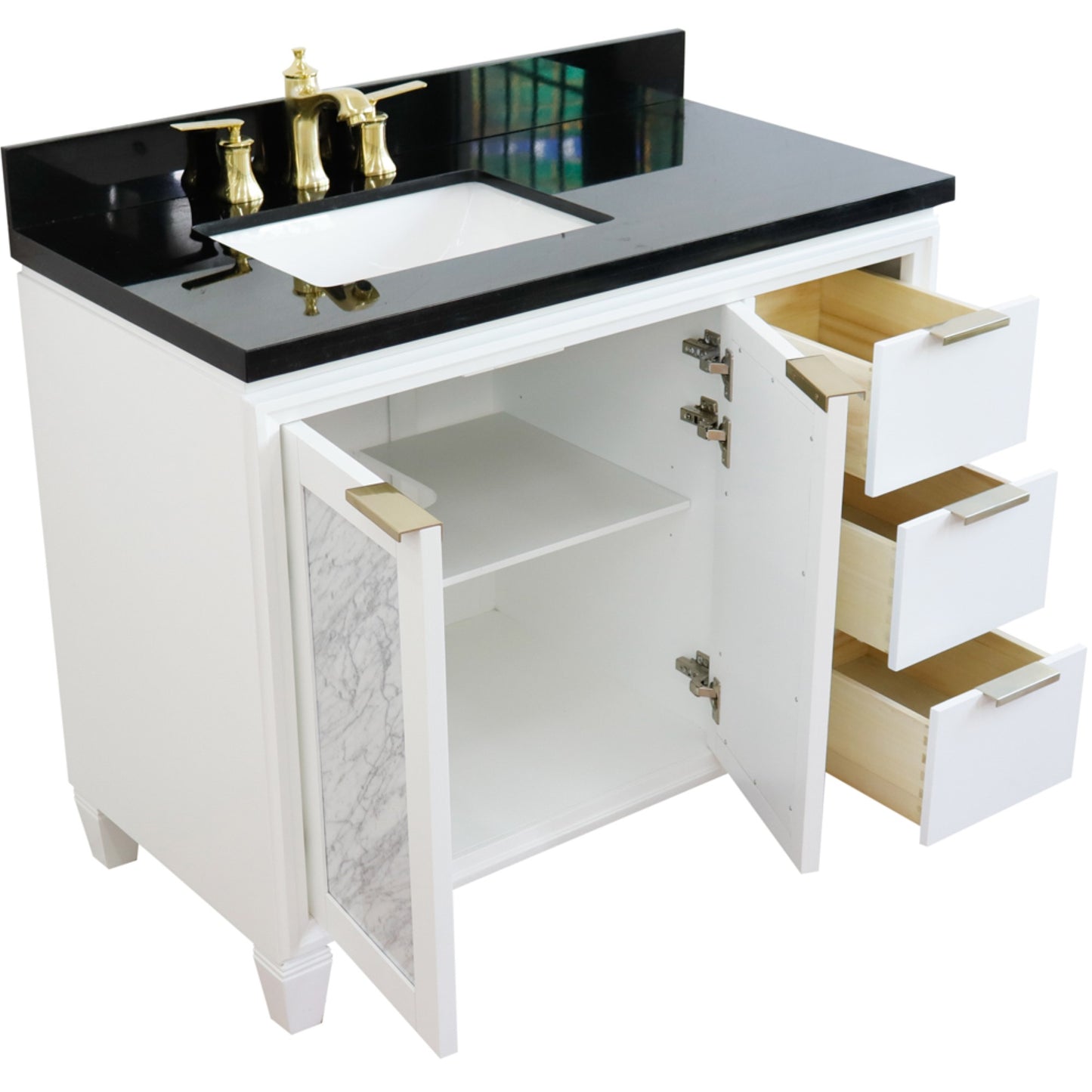 43" Single vanity in White finish with Black galaxy and rectangle sink Left door/Left sink