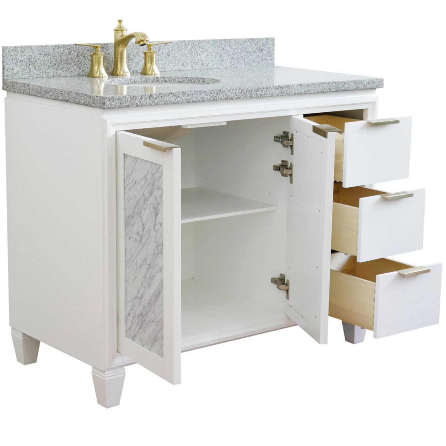 43" Single vanity in White finish with Gray granite and oval sink Left door/Left sink