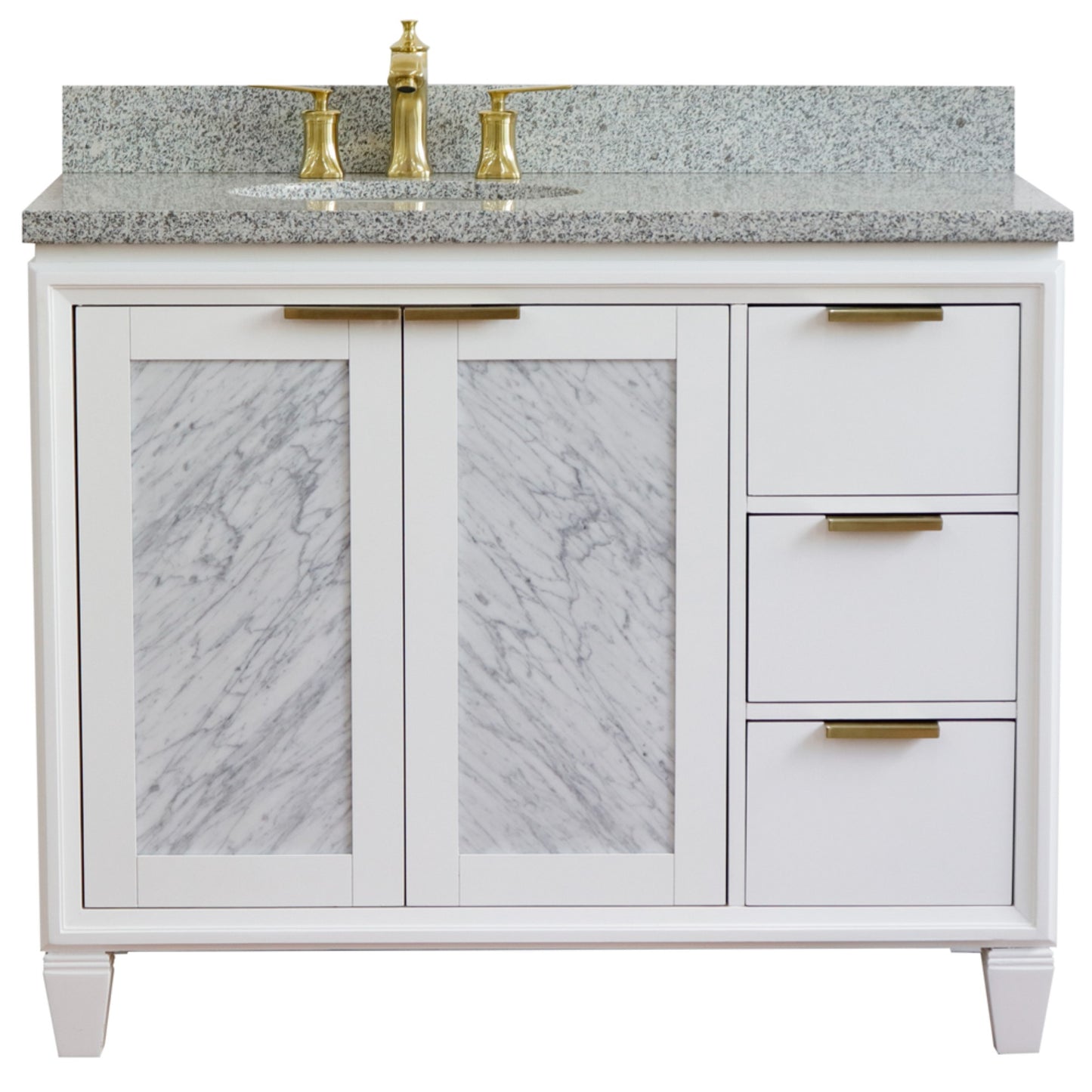 43" Single vanity in White finish with Gray granite and oval sink Left door/Left sink