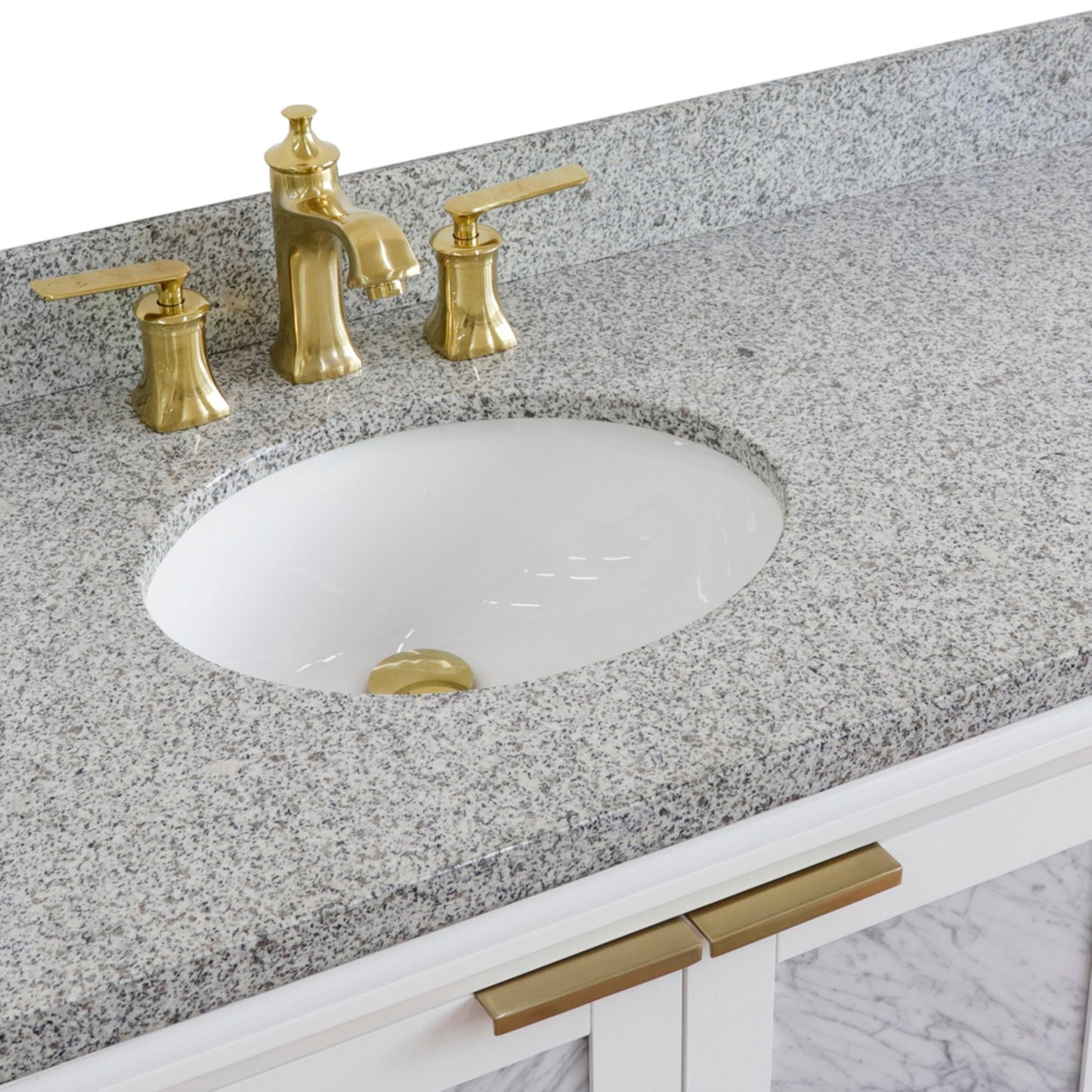 43" Single vanity in White finish with Gray granite and oval sink Left door/Left sink