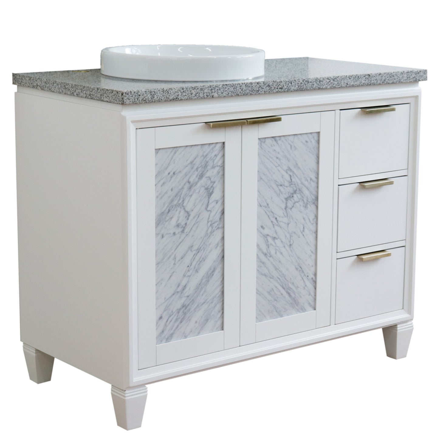 43" Single vanity in White finish with Gray granite and round sink Left door/Left sink