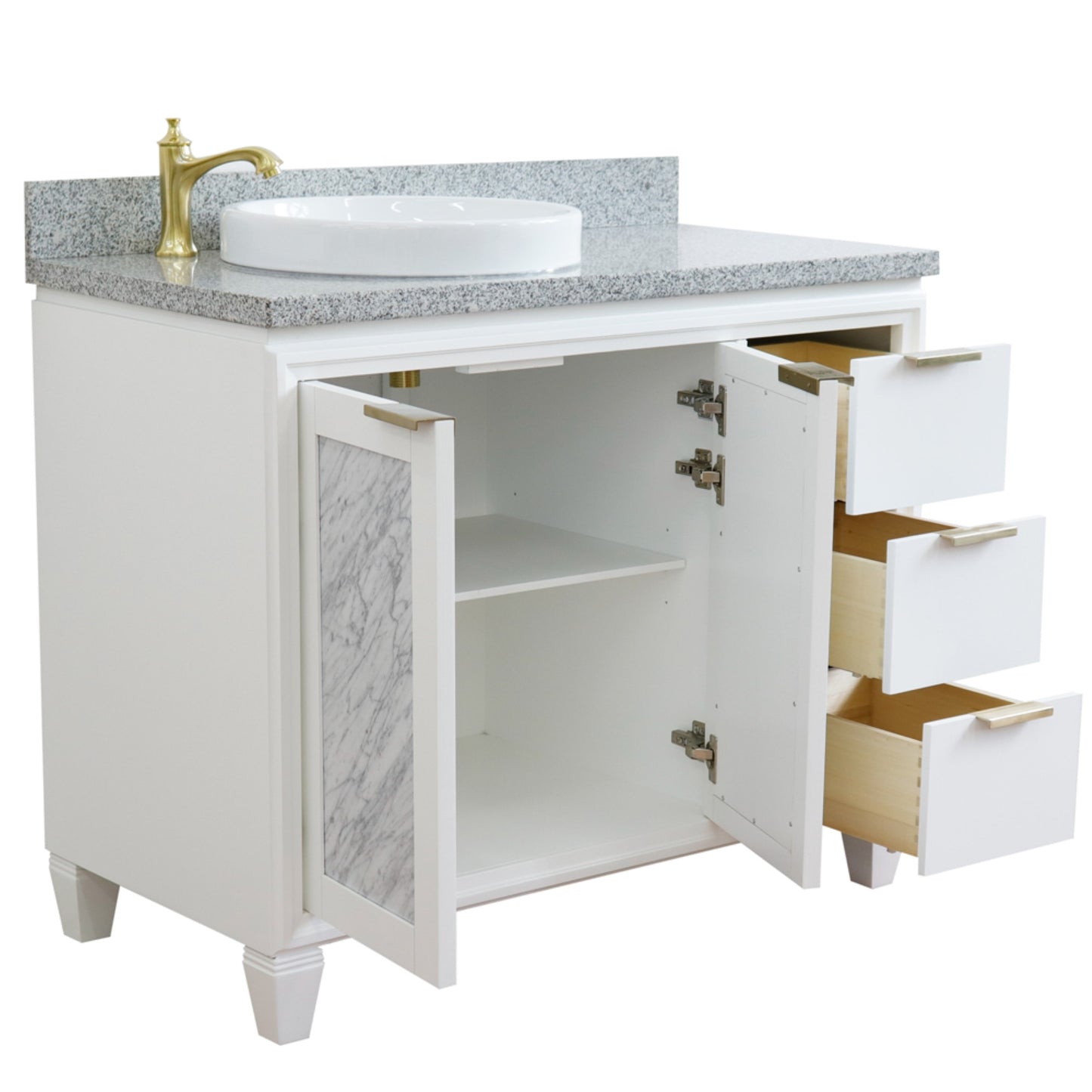 43" Single vanity in White finish with Gray granite and round sink Left door/Left sink