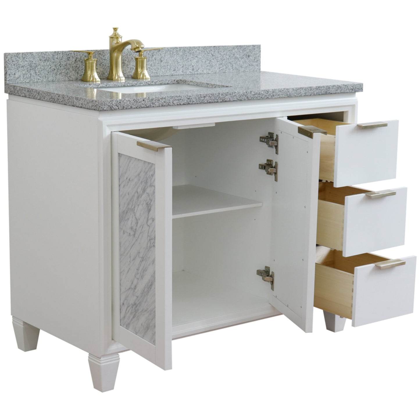 43" Single vanity in White finish with Gray granite and rectangle sink Left door/Left sink
