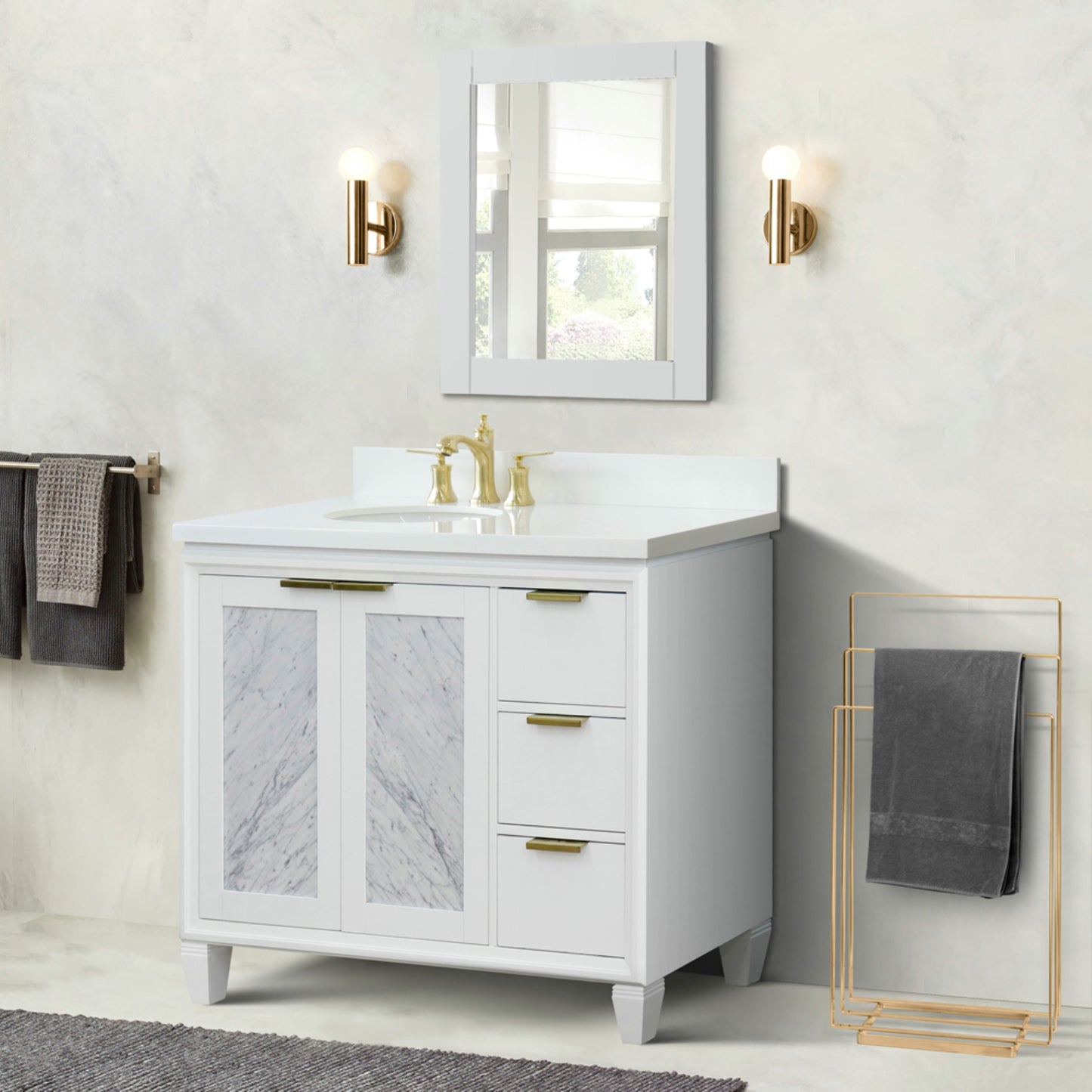 43" Single vanity in White finish with White engineered stone and oval sink Left door/Left sink