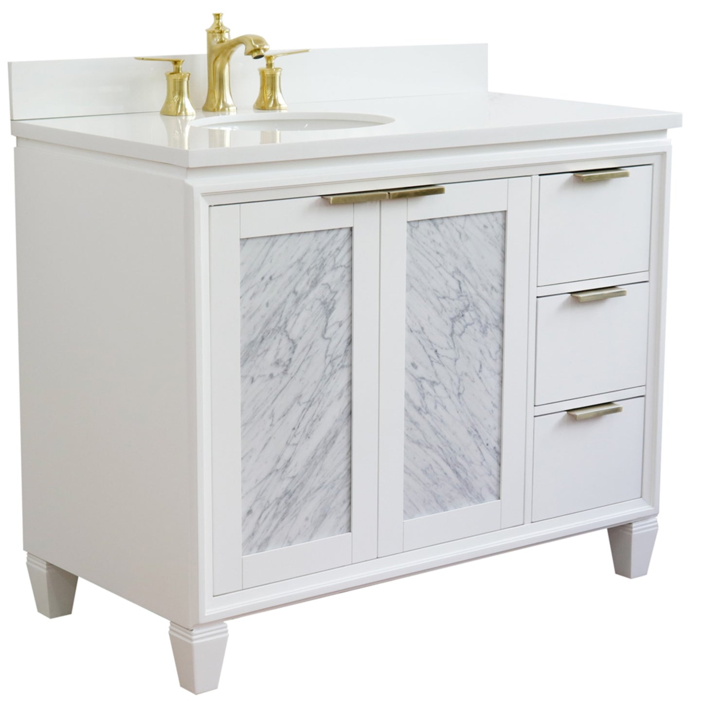 43" Single vanity in White finish with White engineered stone and oval sink Left door/Left sink