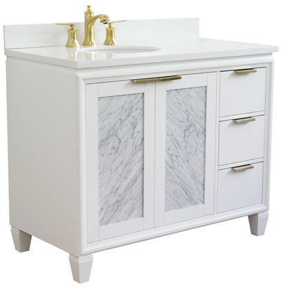 43" Single vanity in White finish with White engineered stone and oval sink Left door/Left sink