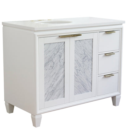 43" Single vanity in White finish with White engineered stone and oval sink Left door/Left sink