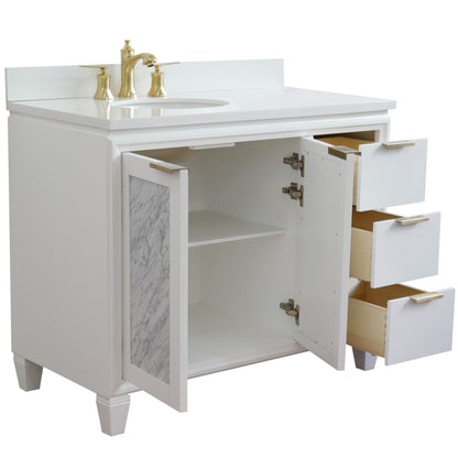 43" Single vanity in White finish with White engineered stone and oval sink Left door/Left sink