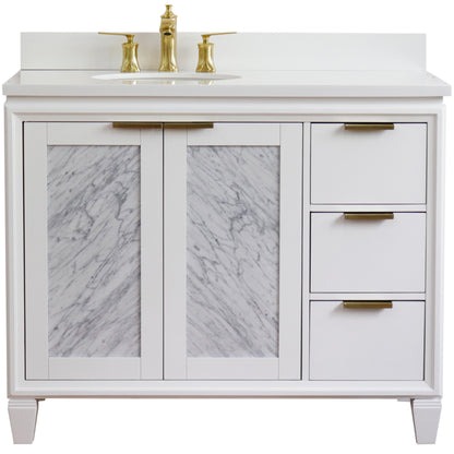 43" Single vanity in White finish with White engineered stone and oval sink Left door/Left sink