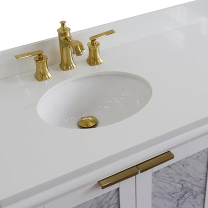 43" Single vanity in White finish with White engineered stone and oval sink Left door/Left sink
