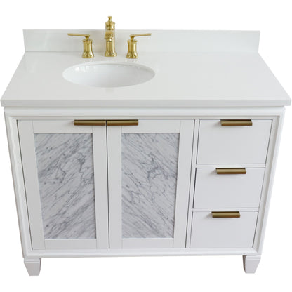 43" Single vanity in White finish with White engineered stone and oval sink Left door/Left sink
