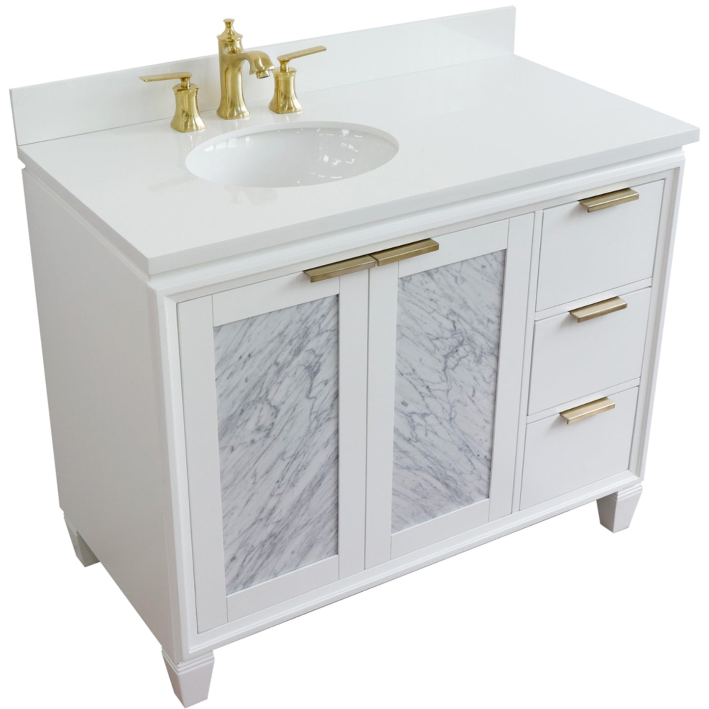 43" Single vanity in White finish with White engineered stone and oval sink Left door/Left sink