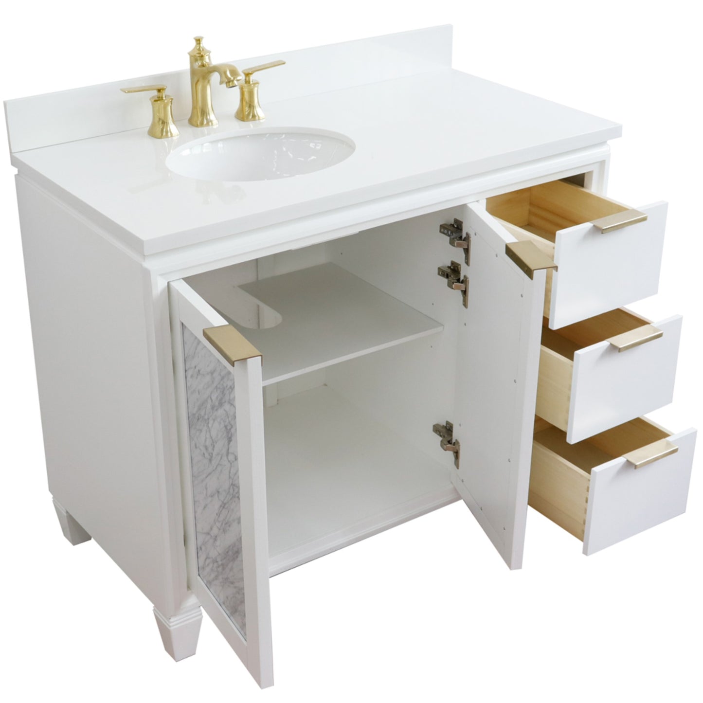 43" Single vanity in White finish with White engineered stone and oval sink Left door/Left sink