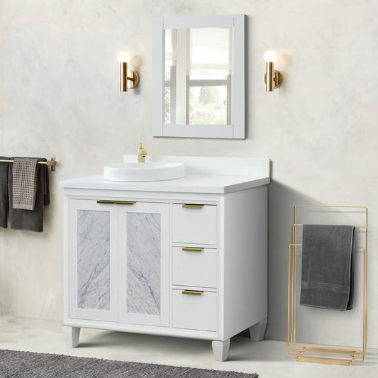 43" Single vanity in White finish with White engineered stone and round sink Left door/Left sink